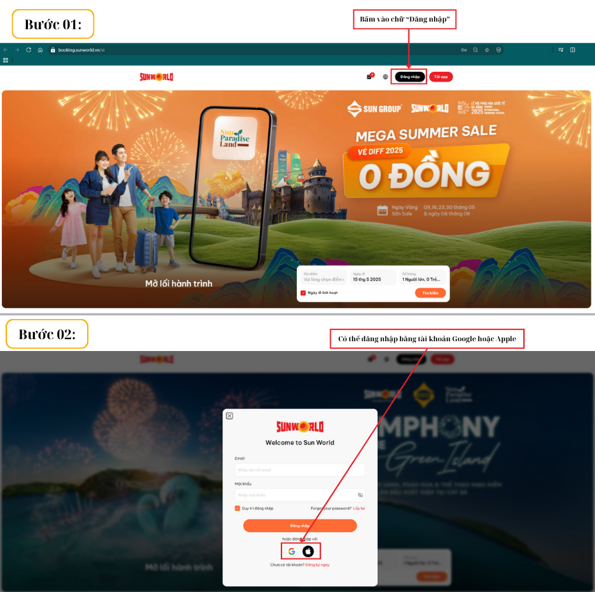 Truy cập website bán vé chính thức của Sun World và chọn nút "Mua vé"