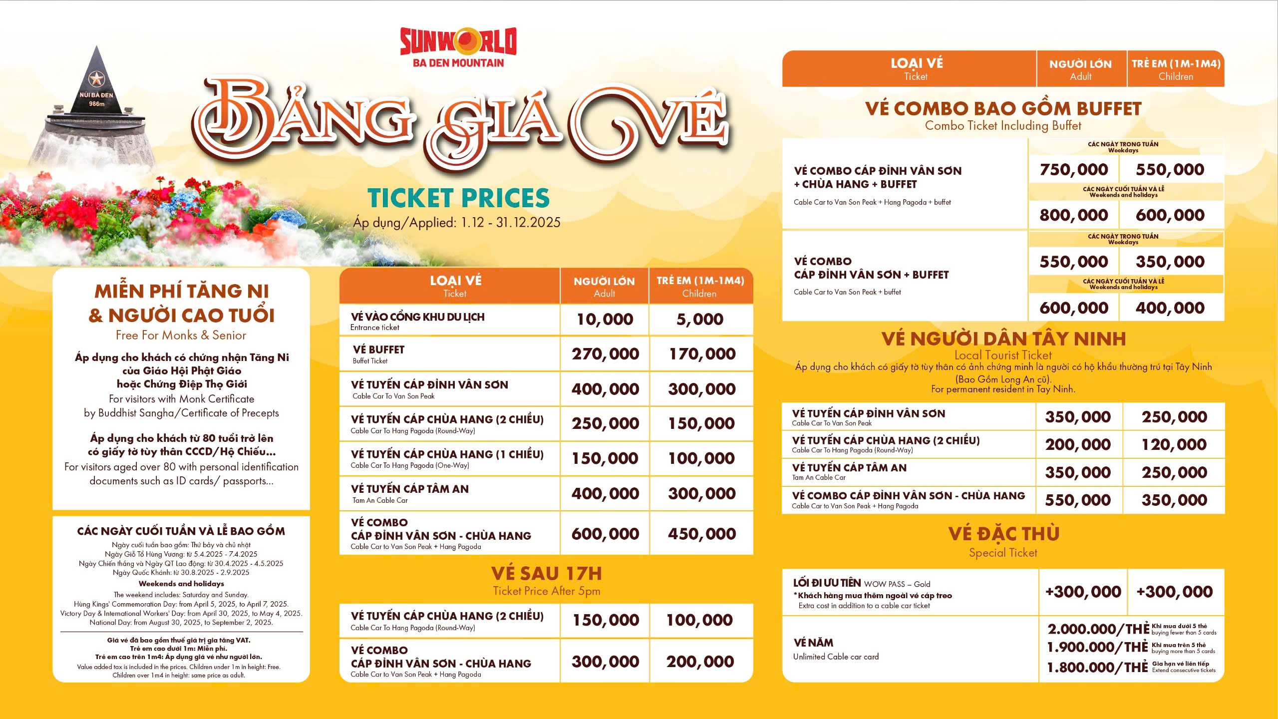 Bảng Giá Vé 01.12