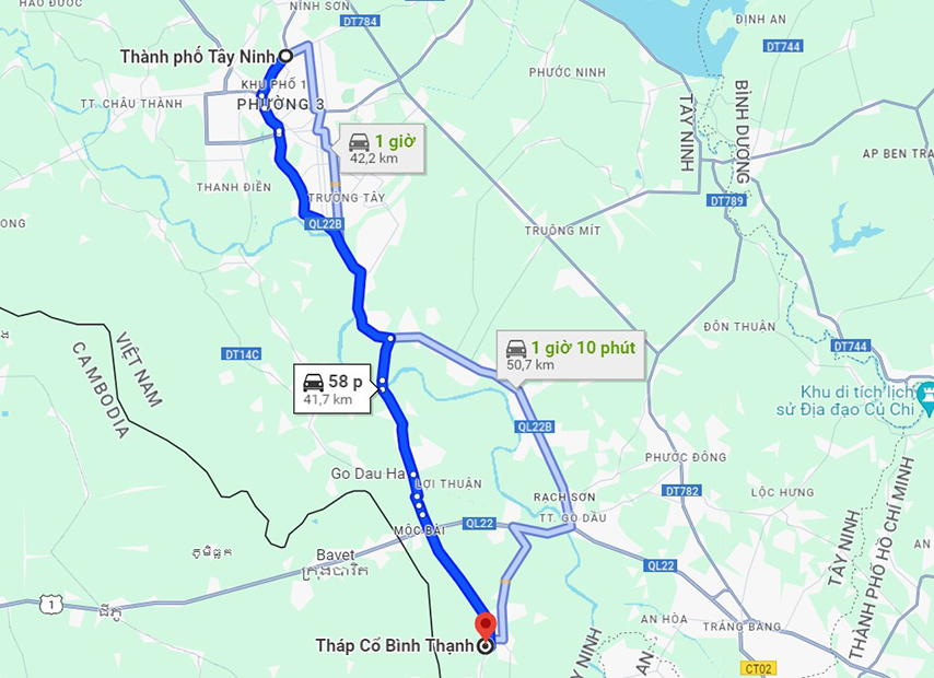 Bản đồ đường đi từ trung tâm thành phố Tây Ninh đến Tháp cổ Bình Thạnh 
