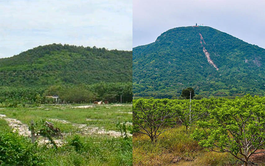 Hình ảnh núi Cậu bên trái và núi Bà Đen bên phải 