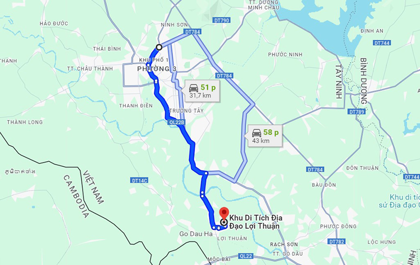 Bản đồ di chuyển từ TP. Tây Ninh đến Địa đạo Lợi Thuận