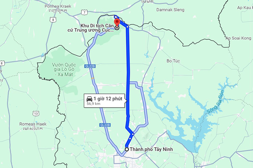 Bản đồ từ TP. Tây Ninh đến Căn cứ Trung ương Cục miền Nam