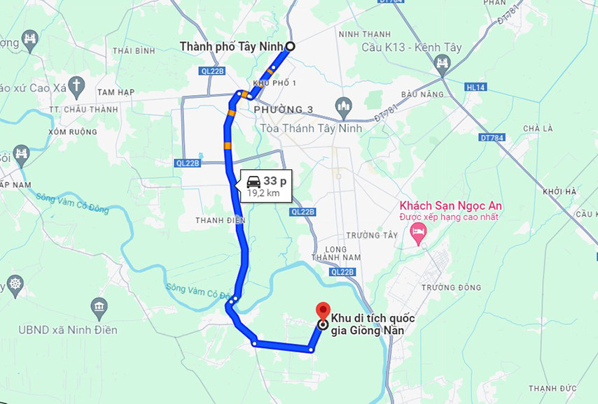 Bản đồ di chuyển từ TP. Tây Ninh đến Khu lưu niệm Giống Nần 
