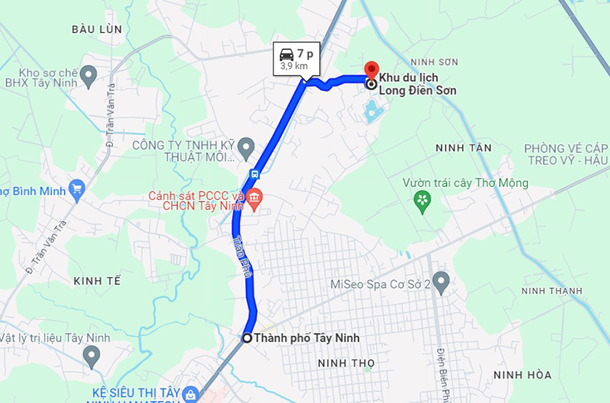 Bản đồ di chuyển từ từ TP. Tây Ninh đến Khu du lịch Long Điền Sơn