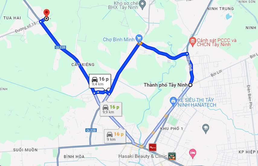 Bản đồ từ TP. Tây Ninh đến Di tích Chiến thắng Tua Hai 