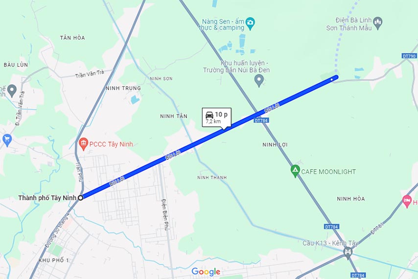 Chi tiết tuyến đường từ thành phố Tây Ninh đến chân núi Bà Đen trên bản đồ 