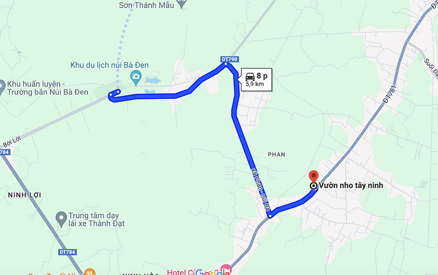 Đường đi từ núi Bà Đen đến vườn nho Tây Ninh nhìn trên bản đồ