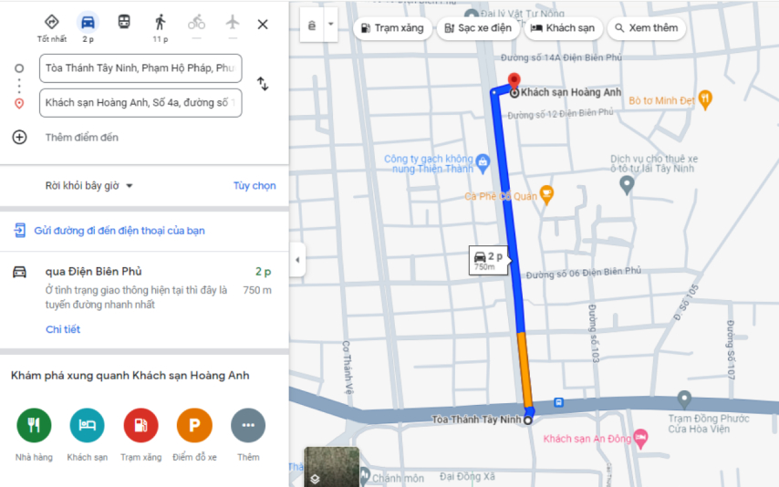Bản đồ đường đi từ Toà thánh Tây Ninh đến khách sạn Hoàng Anh