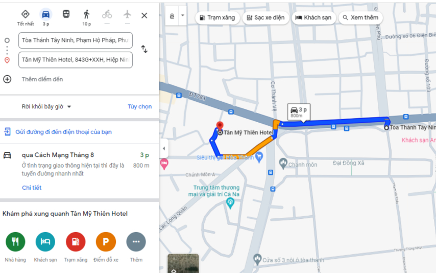 Bản đồ đường đi từ Toà thánh Tây Ninh đến khách sạn Tân Mỹ Thiên