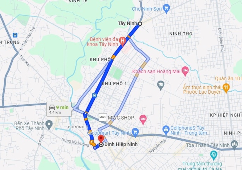 Bản đồ chỉ dẫn từ trung tâm thành phố Tây Ninh đến đình Hiệp Ninh