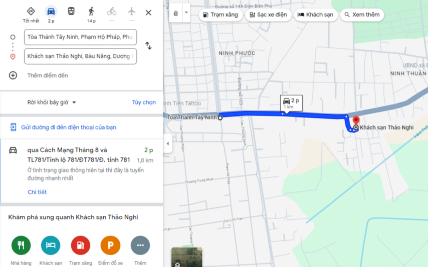 Bản đồ đường đi từ Toà thánh Tây Ninh đến khách sạn Thảo Nghi