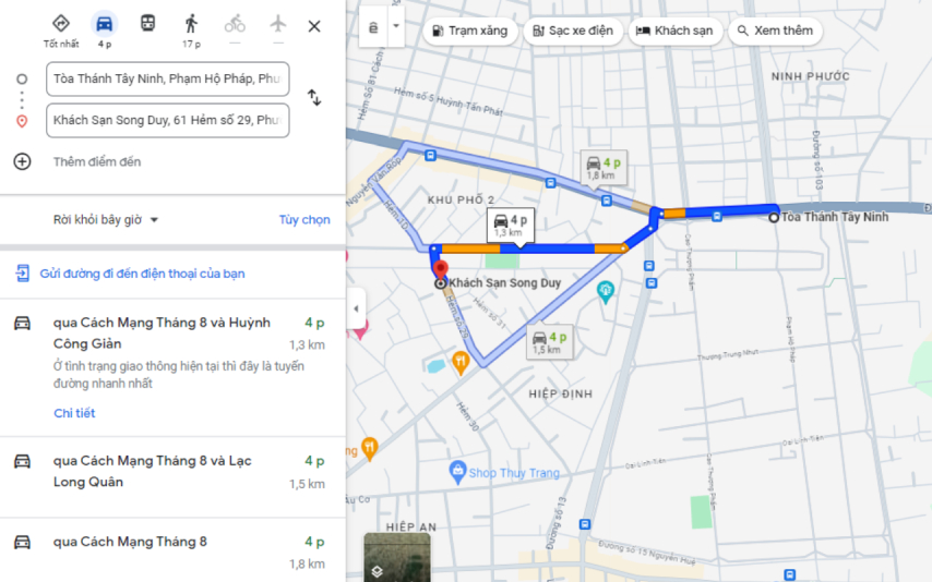 Bản đồ đường đi từ Toà thánh Tây Ninh đến khách sạn Song Duy