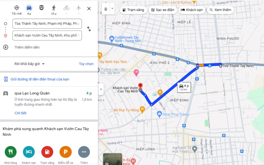 Bản đồ đường đi từ Toà thánh Tây Ninh đến khách sạn Vườn Cau