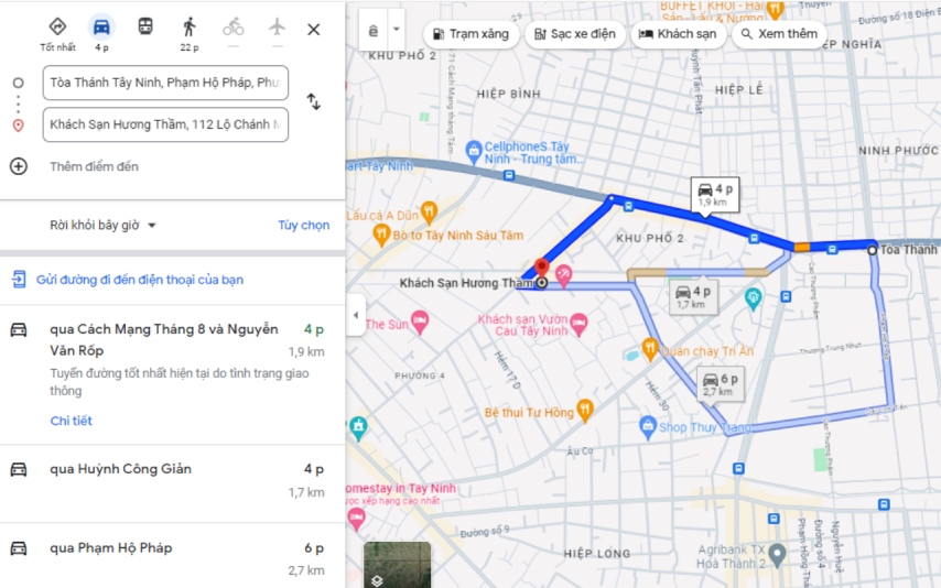Bản đồ dường đi từ Toà thánh Tây Ninh đến khách sạn Hương Thầm