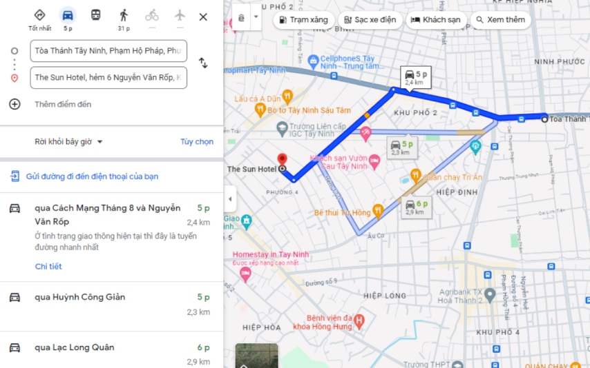 Bản đồ đường đi từ Toà thánh Tây Ninh đến khách sạn The Sun