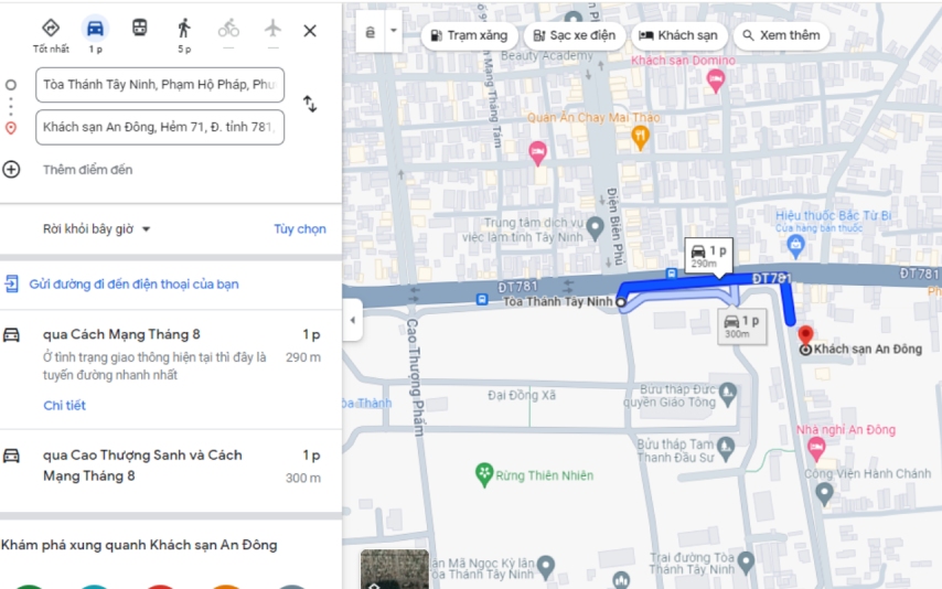 Bản đồ đường đi từ Toà thánh Tây Ninh đến khách sạn An Đông
