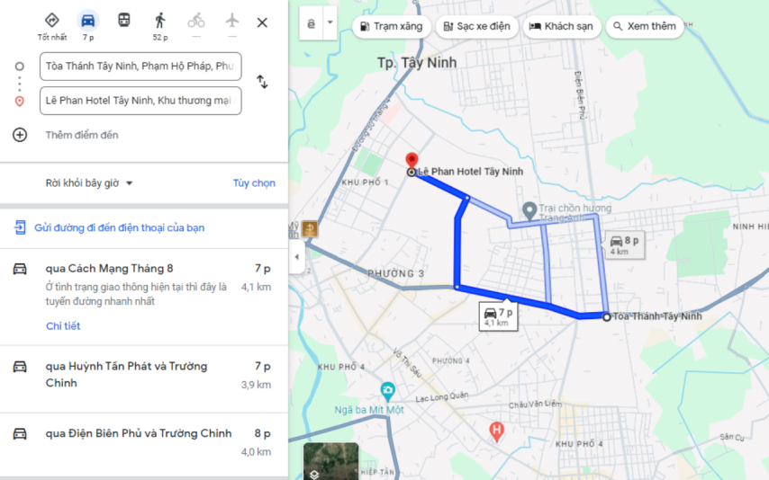 Bản đồ đường đi từ Toà thánh Tây Ninh đến khách sạn Lê Phan