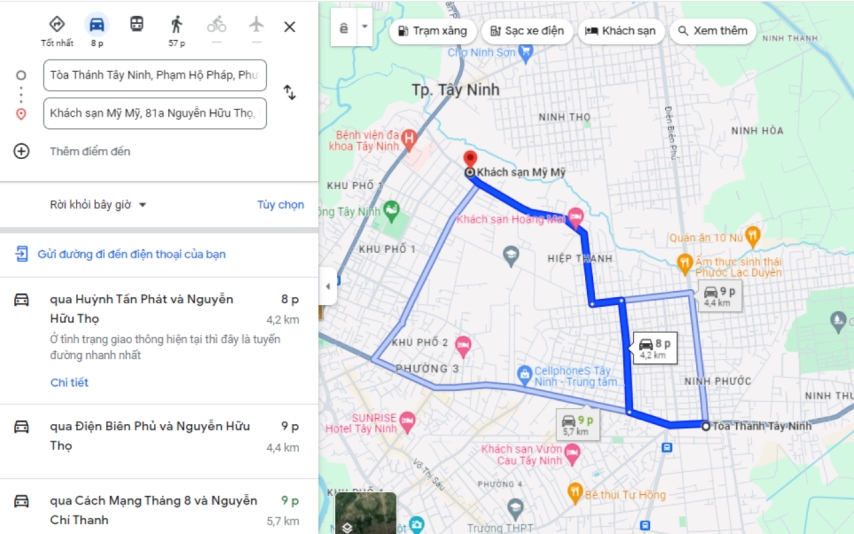 Bản đồ đường đi từ Toà thánh Tây Ninh đến khách sạn Mỹ Mỹ