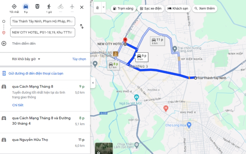Bản đồ đường đi từ Toà thánh Tây Ninh đến khách sạn New City