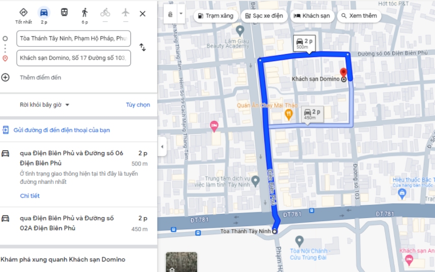 Bản đồ chỉ đường từ Toà thánh Tây Ninh đến khách sạn Domino