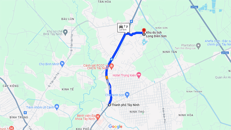 Bản đồ đường đi từ trung tâm thành phố Tây Ninh đến khu du lịch