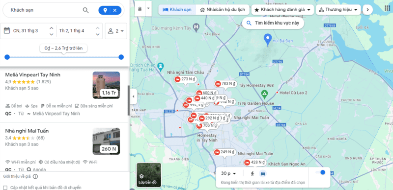 Tìm kiếm khách sạn gần núi Bà Đen trên website bản đồ