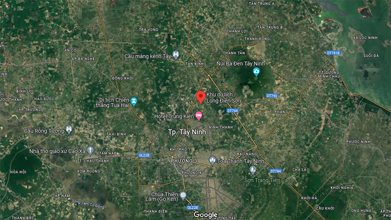 Vị trí của khu du lịch Long Điền Sơn Tây Ninh nhìn trên bản đồ vệ tinh