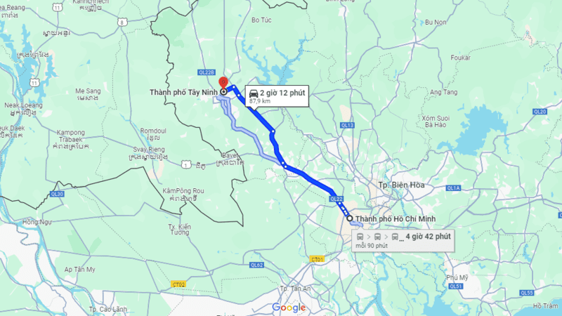 Bản đồ đường đi từ TP. Hồ Chí Minh đến trung tâm Tây Ninh 