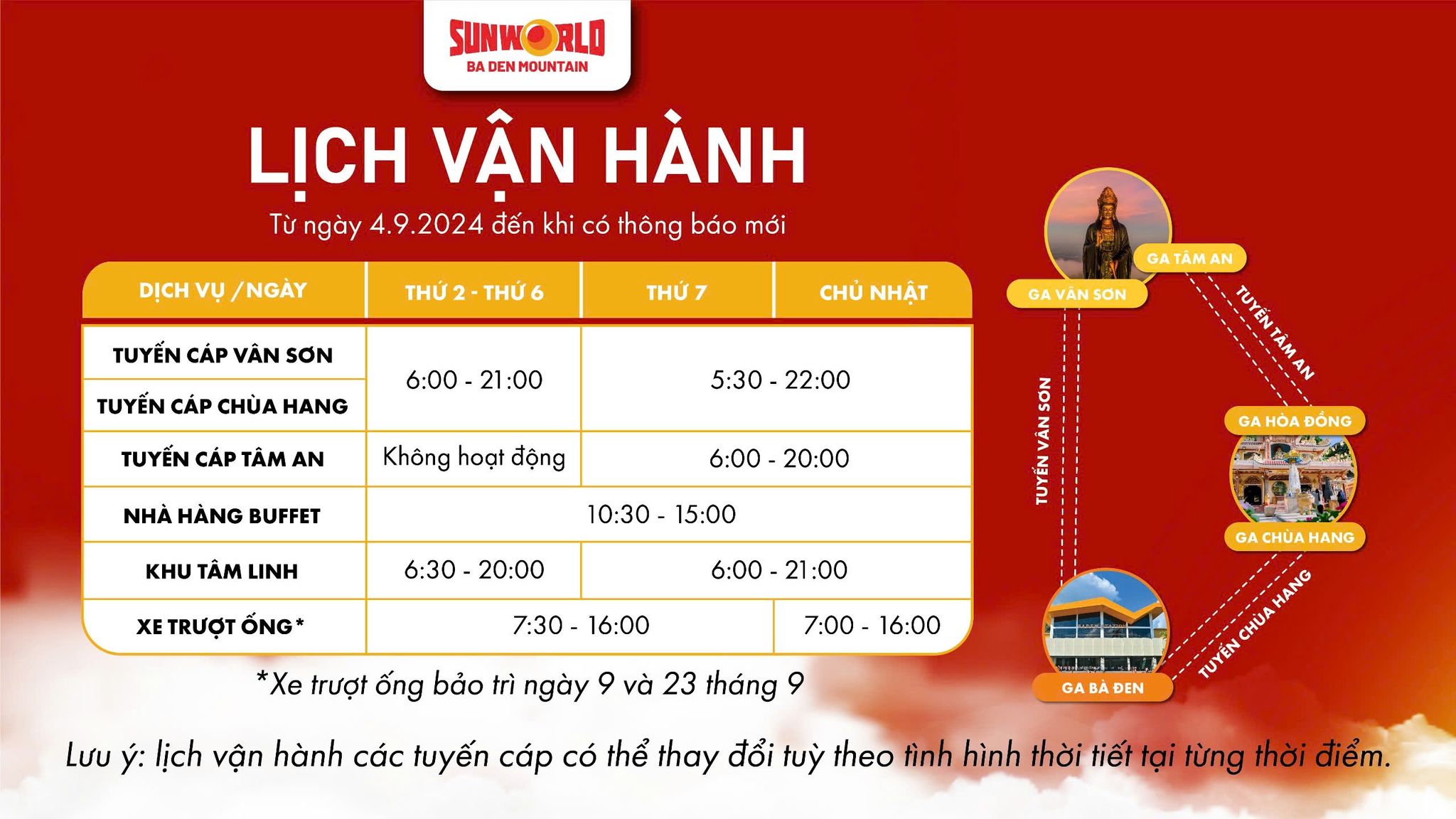 Lịch vận hành cáp treo áp dụng từ ngày 04.09.2024 đến khi có thông báo mới