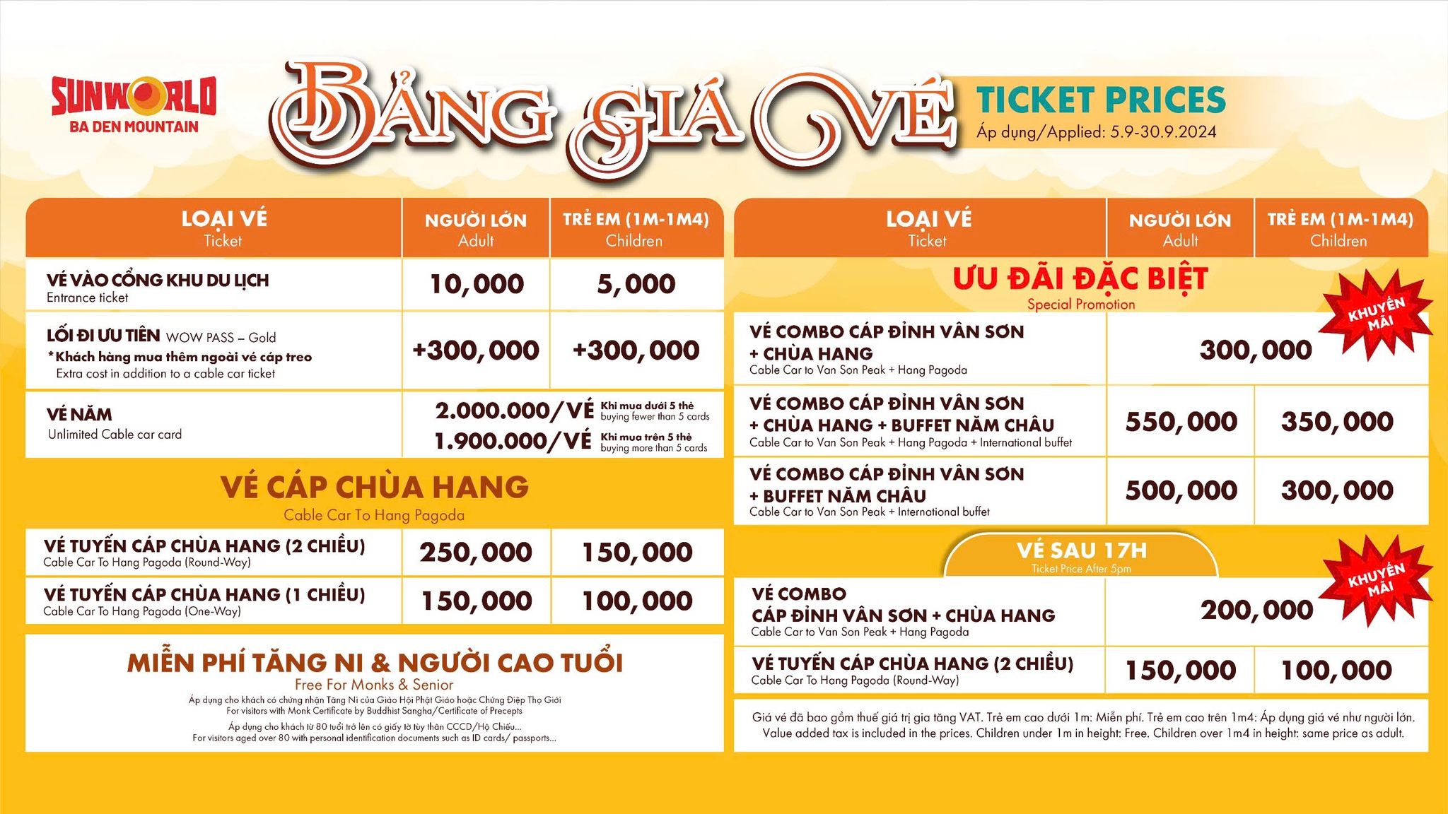 Bảng giá vé cáp treo khu du lịch Sun World Ba Den Mountain từ ngày 05.09.2024 đến 30.09.2024